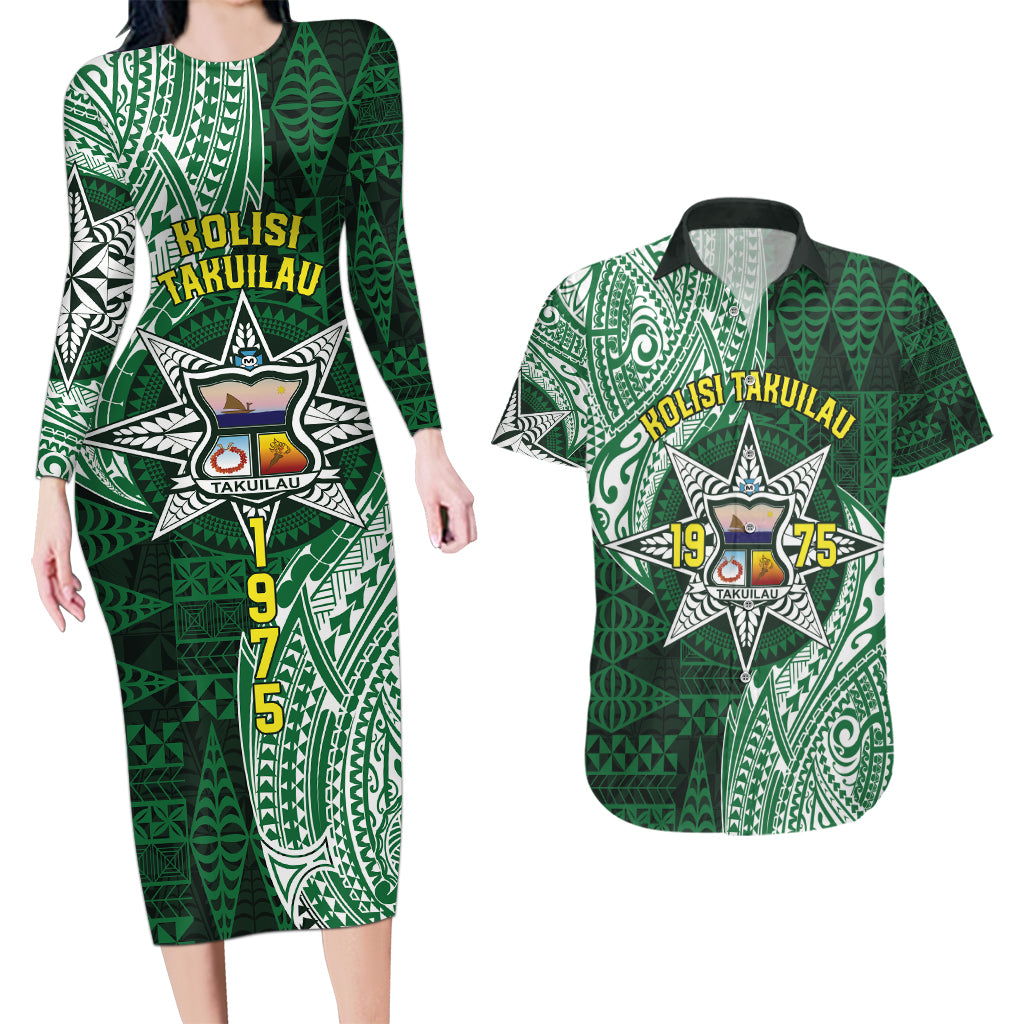 Personalised Tonga Takuilau College Couples Matching Long Sleeve Bodycon Dress and Hawaiian Shirt Since 1975 Special Kupesi Pattern