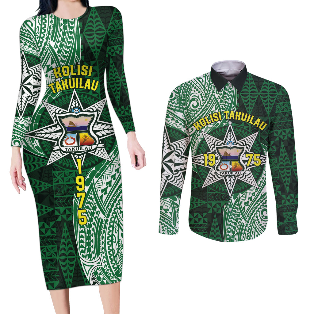 Personalised Tonga Takuilau College Couples Matching Long Sleeve Bodycon Dress and Long Sleeve Button Shirt Since 1975 Special Kupesi Pattern LT9 Green - Polynesian Pride