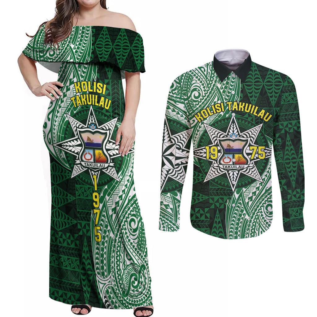 Personalised Tonga Takuilau College Couples Matching Off Shoulder Maxi Dress and Long Sleeve Button Shirt Since 1975 Special Kupesi Pattern