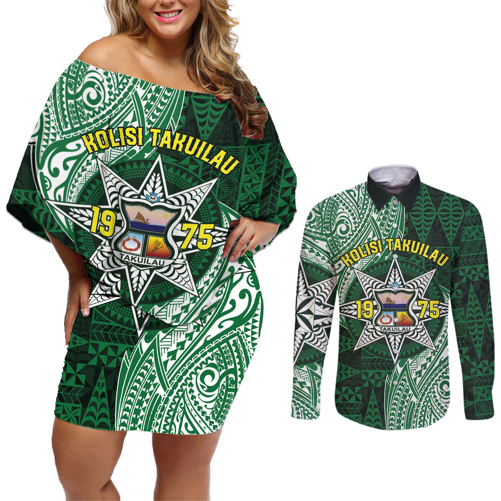 Personalised Tonga Takuilau College Couples Matching Off Shoulder Short Dress and Long Sleeve Button Shirt Since 1975 Special Kupesi Pattern