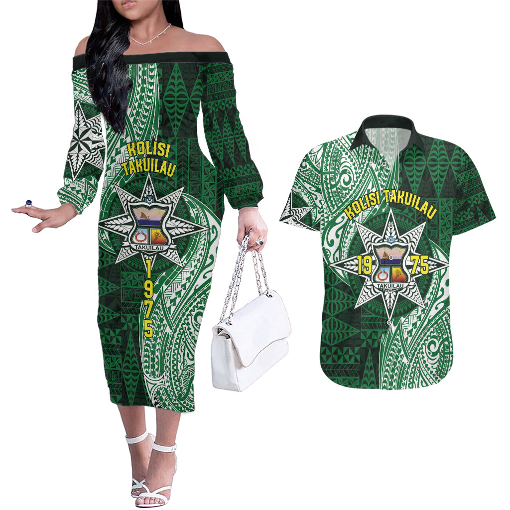 Personalised Tonga Takuilau College Couples Matching Off The Shoulder Long Sleeve Dress and Hawaiian Shirt Since 1975 Special Kupesi Pattern LT9 Green - Polynesian Pride