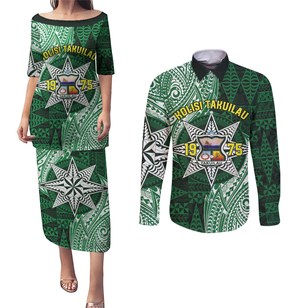 Personalised Tonga Takuilau College Couples Matching Puletasi and Long Sleeve Button Shirt Since 1975 Special Kupesi Pattern