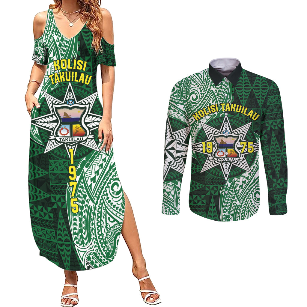 Personalised Tonga Takuilau College Couples Matching Summer Maxi Dress and Long Sleeve Button Shirt Since 1975 Special Kupesi Pattern LT9 Green - Polynesian Pride