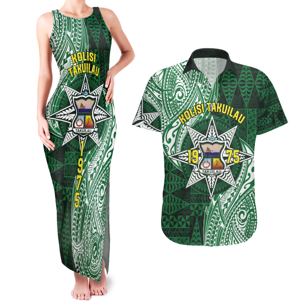 Personalised Tonga Takuilau College Couples Matching Tank Maxi Dress and Hawaiian Shirt Since 1975 Special Kupesi Pattern LT9 Green - Polynesian Pride
