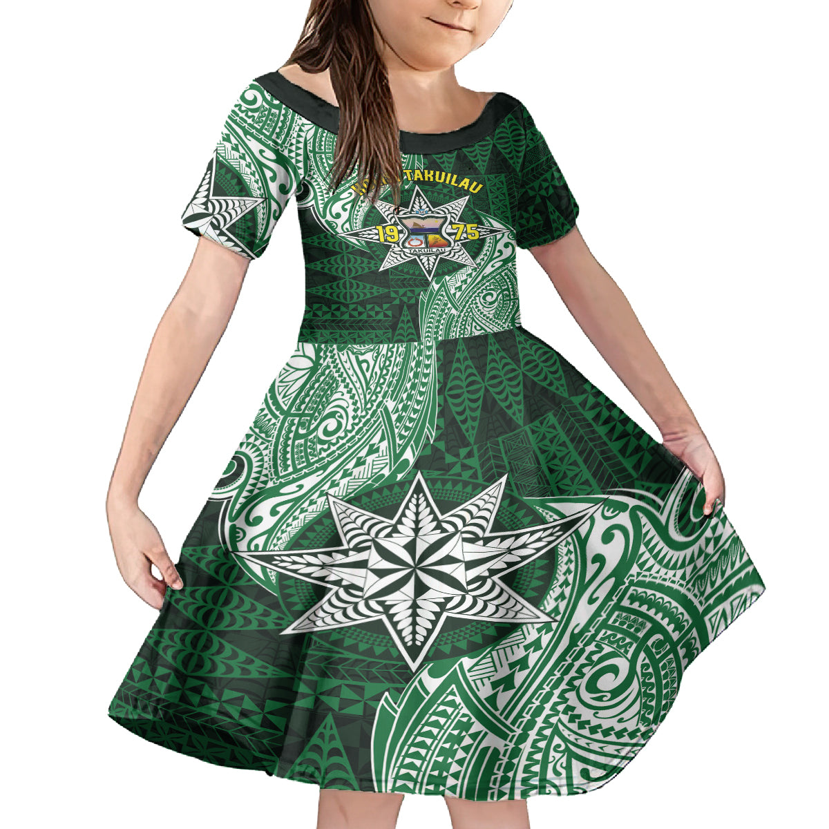 Personalised Tonga Takuilau College Family Matching Off The Shoulder Long Sleeve Dress and Hawaiian Shirt Since 1975 Special Kupesi Pattern LT9 Daughter's Dress Green - Polynesian Pride
