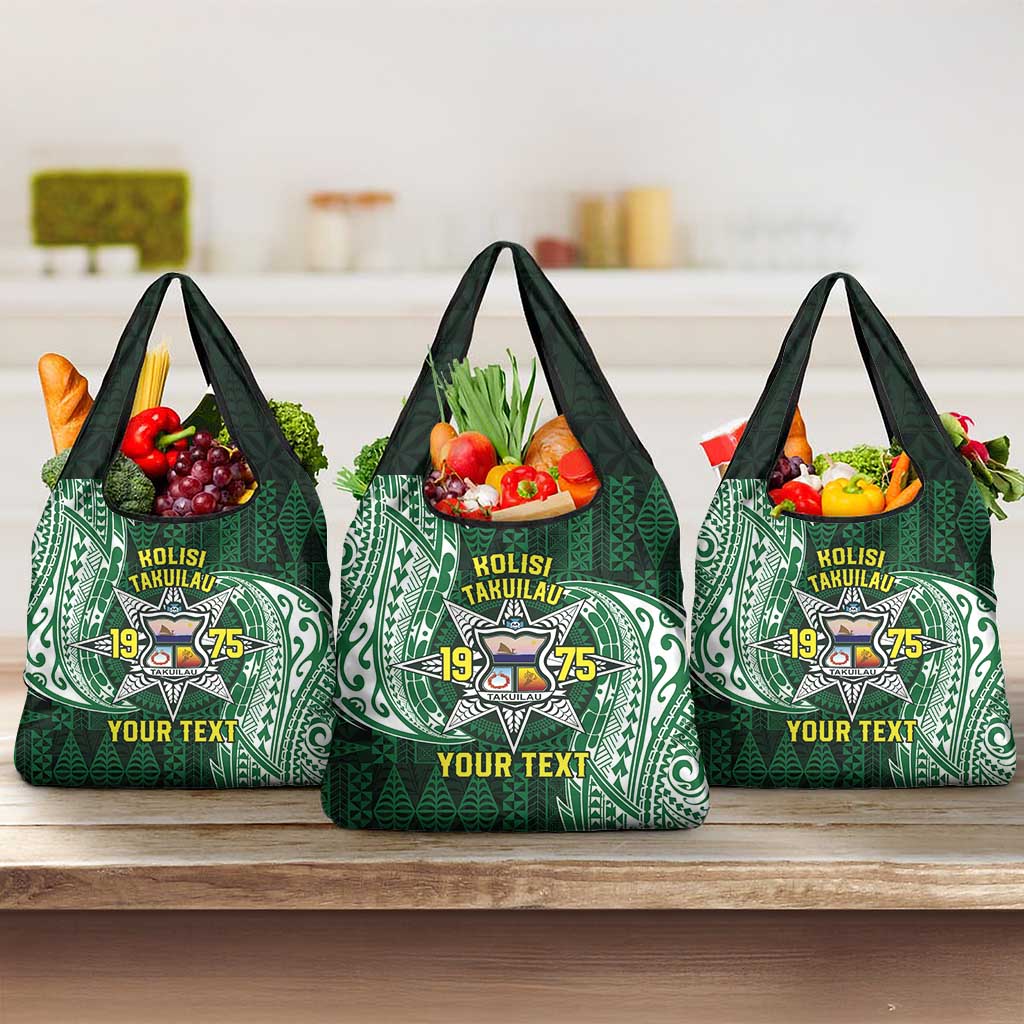 Personalised Tonga Takuilau College Grocery Bag Since 1975 Special Kupesi Pattern LT9 3-pack One Size Green - Polynesian Pride