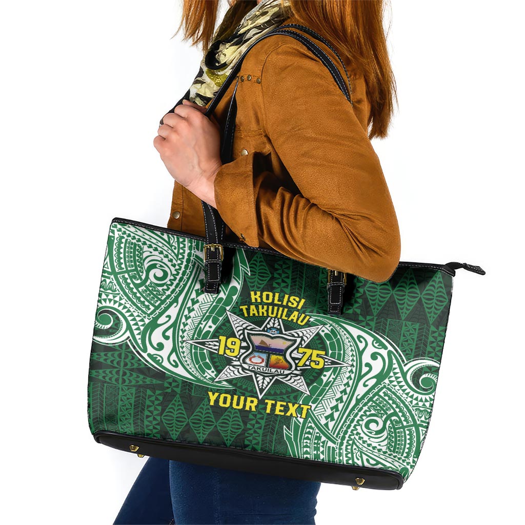 Personalised Tonga Takuilau College Leather Tote Bag Since 1975 Special Kupesi Pattern LT9 Green - Polynesian Pride