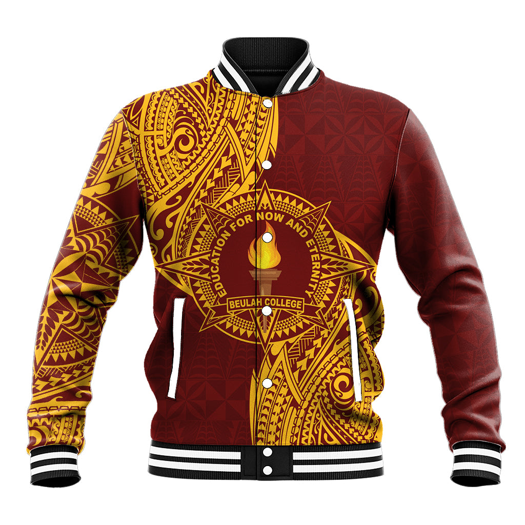 Personalised Tonga Beulah College Baseball Jacket Since 1938 Special Kupesi Pattern LT9 Unisex Gold - Polynesian Pride