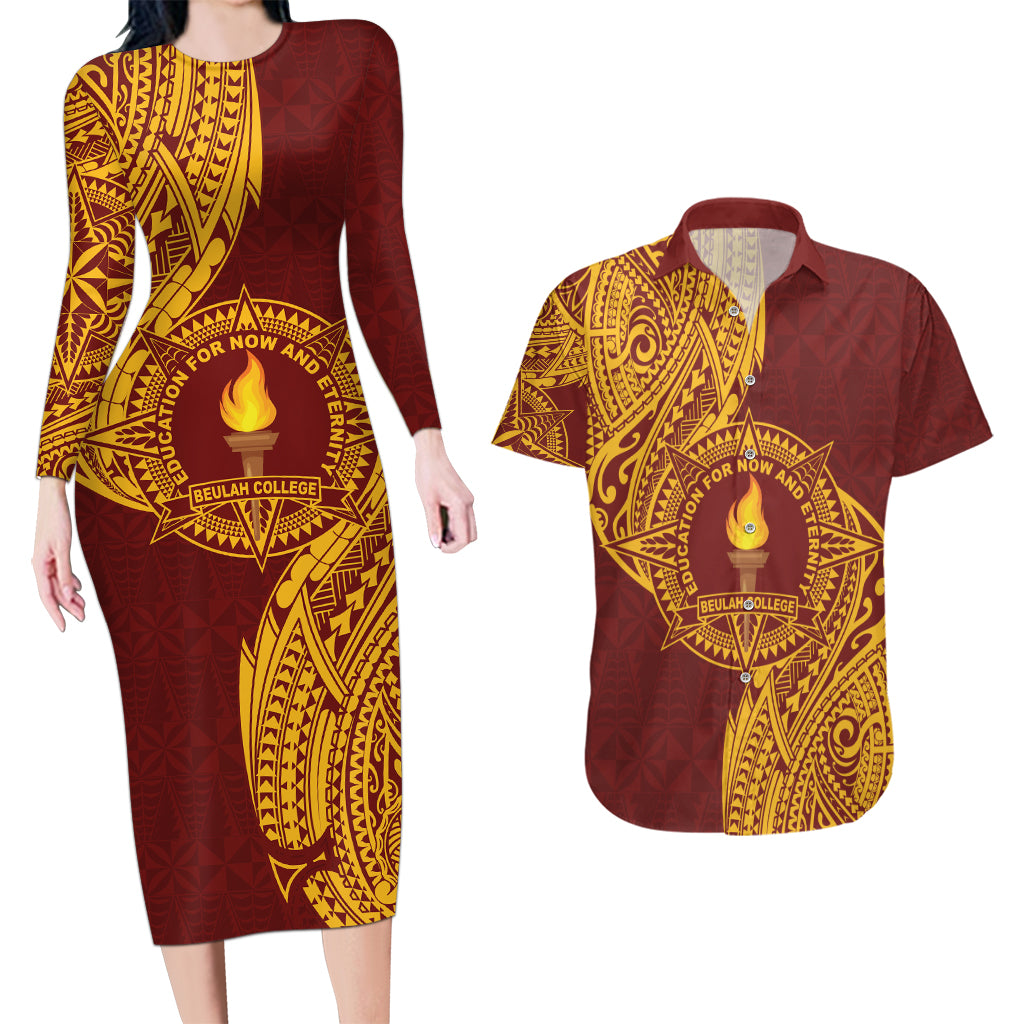 Personalised Tonga Beulah College Couples Matching Long Sleeve Bodycon Dress and Hawaiian Shirt Since 1938 Special Kupesi Pattern LT9 Gold - Polynesian Pride