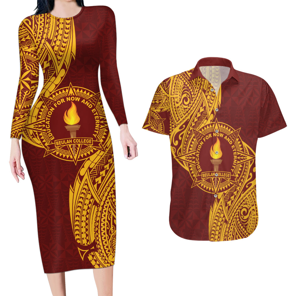 Personalised Tonga Beulah College Couples Matching Long Sleeve Bodycon Dress and Hawaiian Shirt Since 1938 Special Kupesi Pattern
