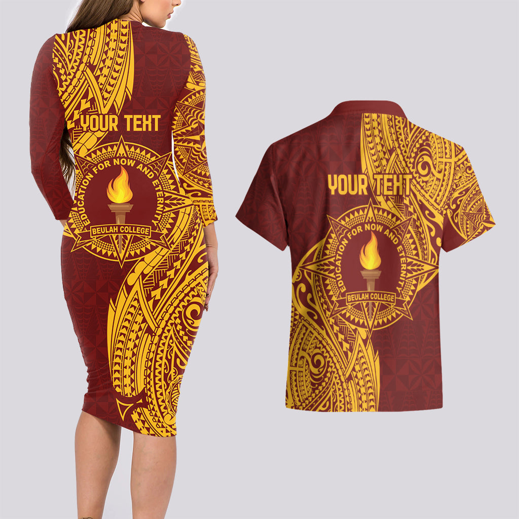 Personalised Tonga Beulah College Couples Matching Long Sleeve Bodycon Dress and Hawaiian Shirt Since 1938 Special Kupesi Pattern LT9 - Polynesian Pride