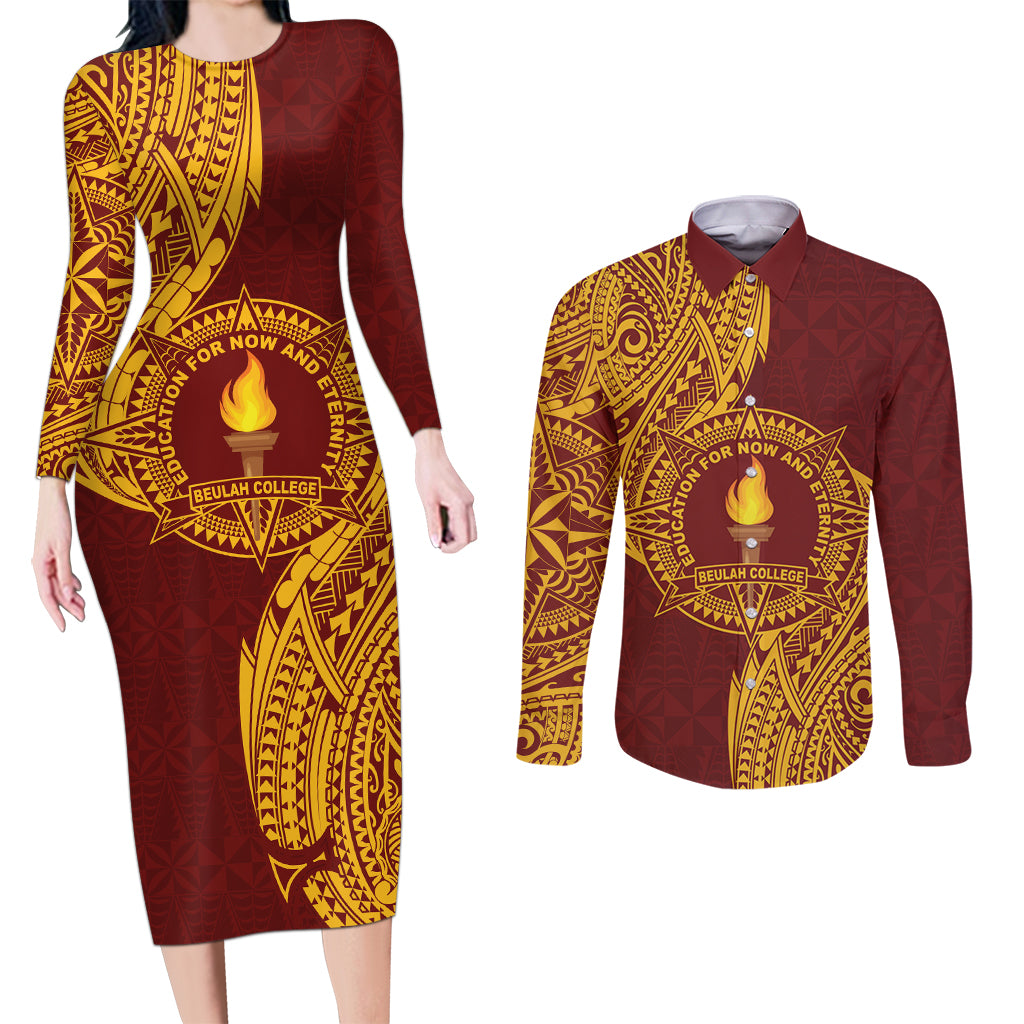 Personalised Tonga Beulah College Couples Matching Long Sleeve Bodycon Dress and Long Sleeve Button Shirt Since 1938 Special Kupesi Pattern LT9 Gold - Polynesian Pride