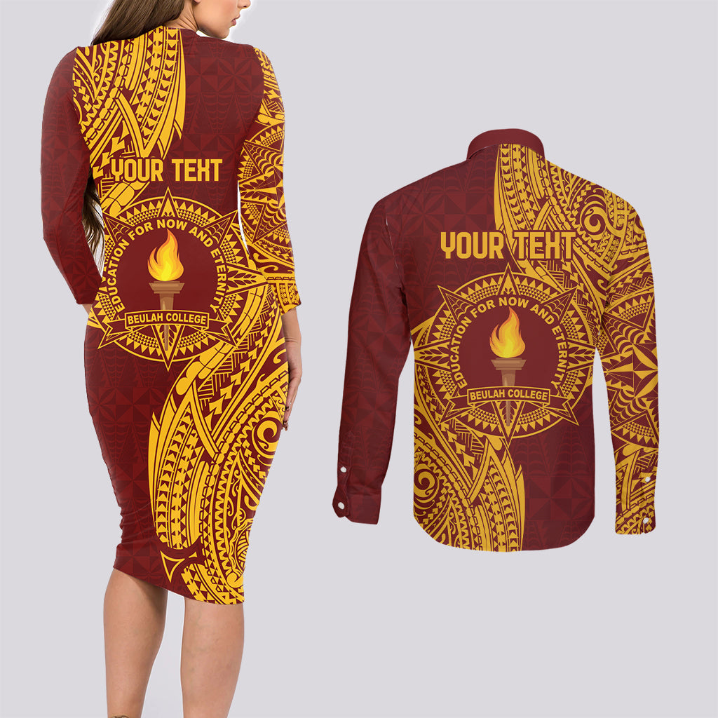 Personalised Tonga Beulah College Couples Matching Long Sleeve Bodycon Dress and Long Sleeve Button Shirt Since 1938 Special Kupesi Pattern LT9 - Polynesian Pride