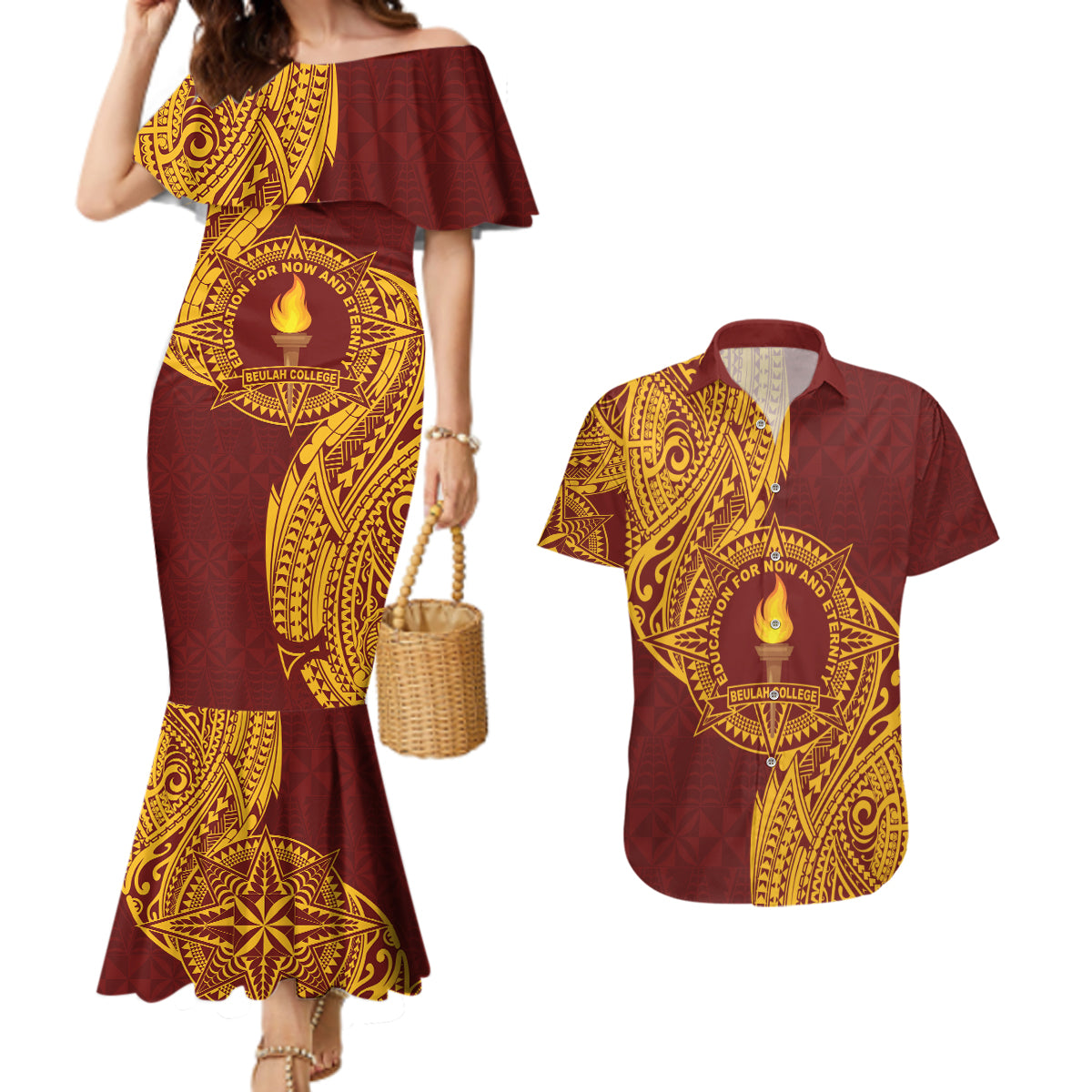 Personalised Tonga Beulah College Couples Matching Mermaid Dress and Hawaiian Shirt Since 1938 Special Kupesi Pattern