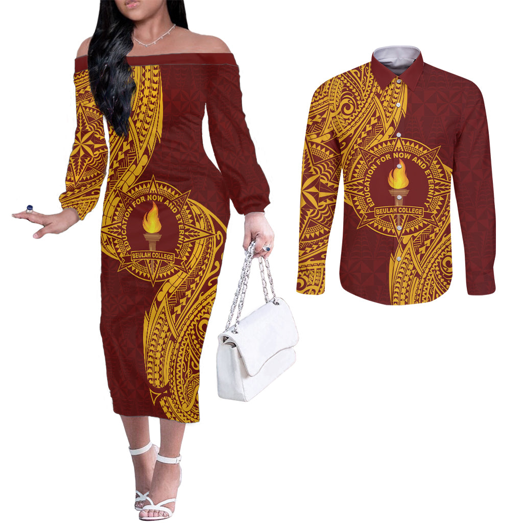 Personalised Tonga Beulah College Couples Matching Off The Shoulder Long Sleeve Dress and Long Sleeve Button Shirt Since 1938 Special Kupesi Pattern LT9 Gold - Polynesian Pride