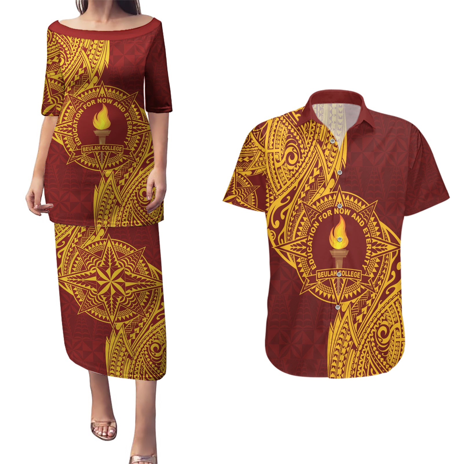 Personalised Tonga Beulah College Couples Matching Puletasi and Hawaiian Shirt Since 1938 Special Kupesi Pattern