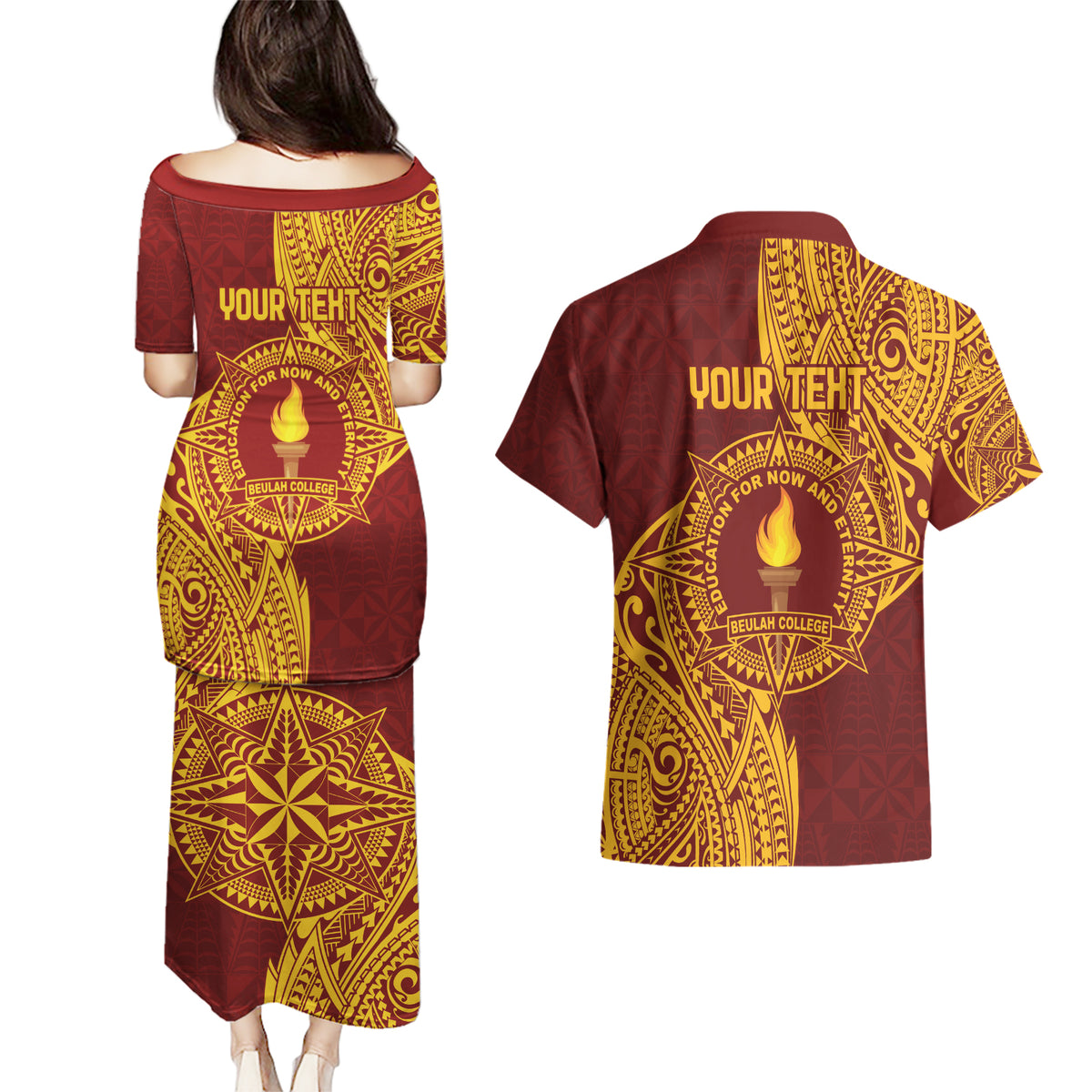 Personalised Tonga Beulah College Couples Matching Puletasi and Hawaiian Shirt Since 1938 Special Kupesi Pattern LT9 - Polynesian Pride
