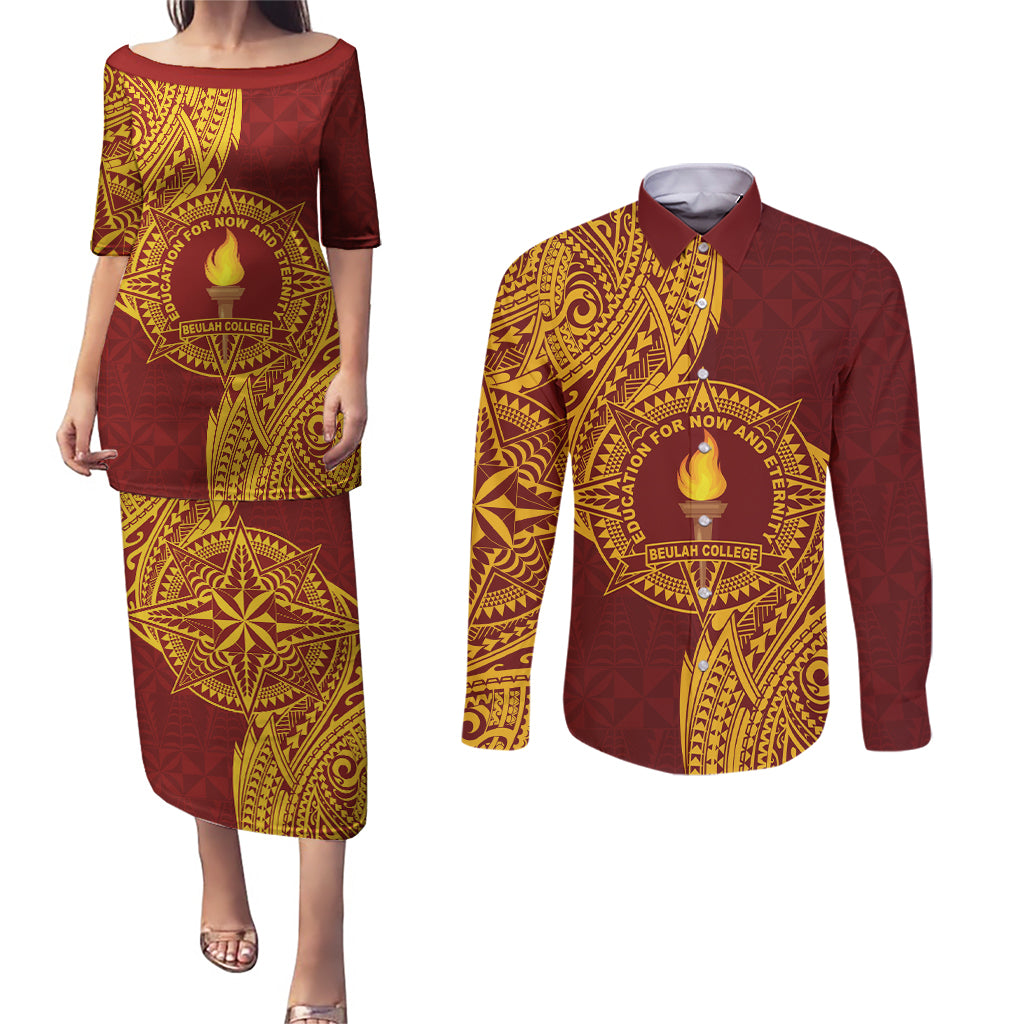 Personalised Tonga Beulah College Couples Matching Puletasi and Long Sleeve Button Shirt Since 1938 Special Kupesi Pattern LT9 Gold - Polynesian Pride