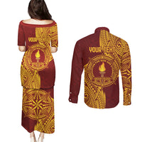 Personalised Tonga Beulah College Couples Matching Puletasi and Long Sleeve Button Shirt Since 1938 Special Kupesi Pattern LT9 - Polynesian Pride