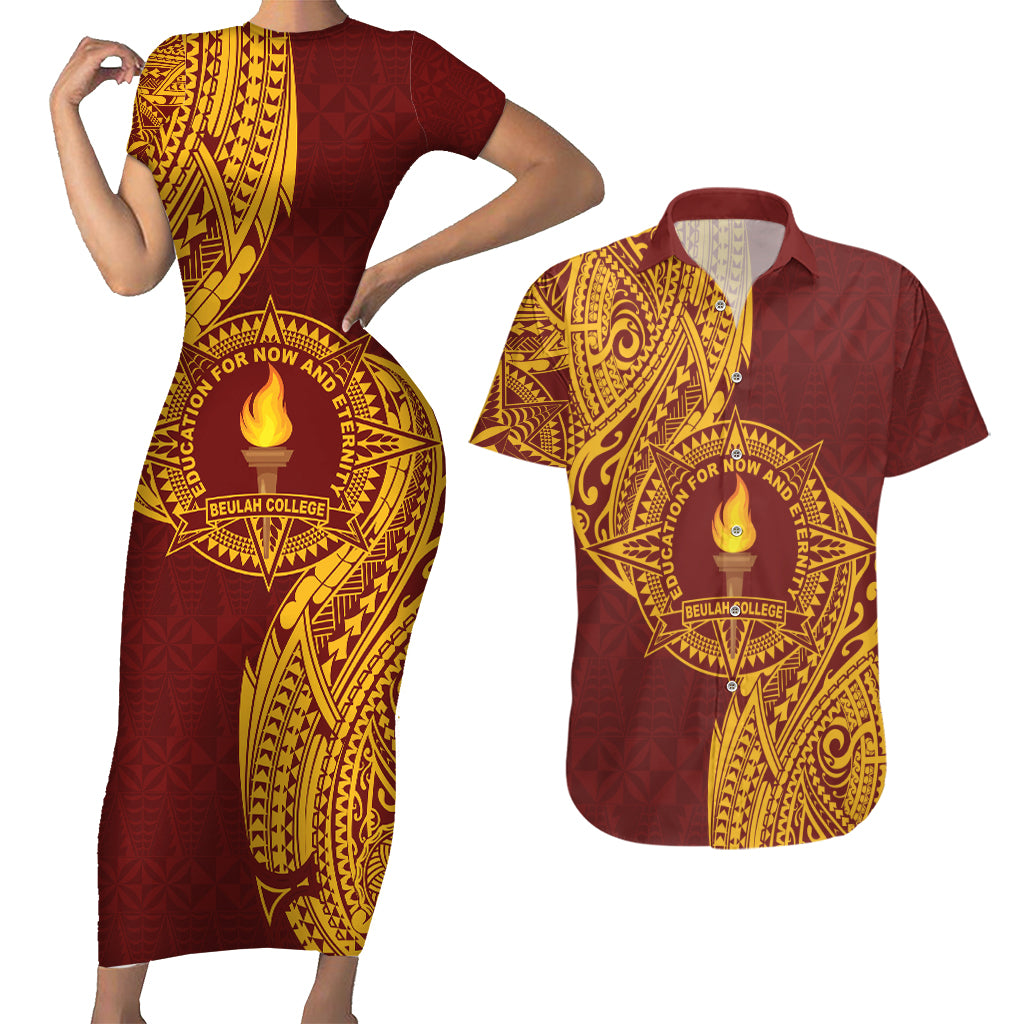 Personalised Tonga Beulah College Couples Matching Short Sleeve Bodycon Dress and Hawaiian Shirt Since 1938 Special Kupesi Pattern LT9 Gold - Polynesian Pride