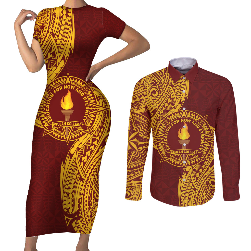 Personalised Tonga Beulah College Couples Matching Short Sleeve Bodycon Dress and Long Sleeve Button Shirt Since 1938 Special Kupesi Pattern LT9 Gold - Polynesian Pride