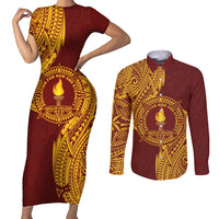 Personalised Tonga Beulah College Couples Matching Short Sleeve Bodycon Dress and Long Sleeve Button Shirt Since 1938 Special Kupesi Pattern LT9 Gold - Polynesian Pride