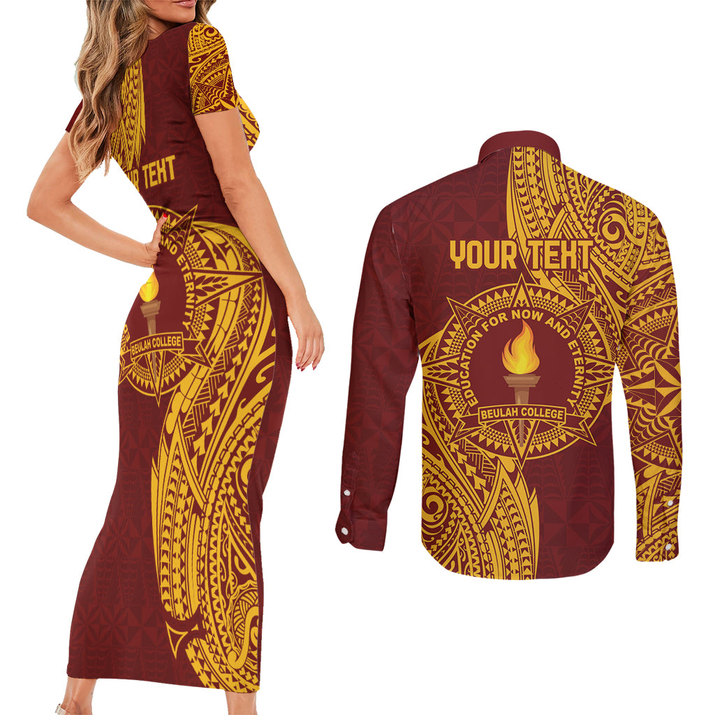 Personalised Tonga Beulah College Couples Matching Short Sleeve Bodycon Dress and Long Sleeve Button Shirt Since 1938 Special Kupesi Pattern LT9 - Polynesian Pride