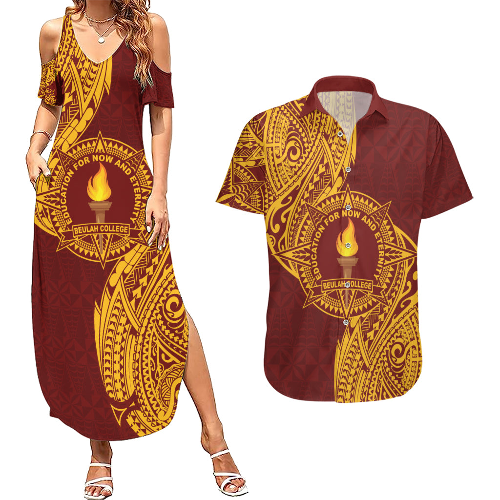 Personalised Tonga Beulah College Couples Matching Summer Maxi Dress and Hawaiian Shirt Since 1938 Special Kupesi Pattern LT9 Gold - Polynesian Pride