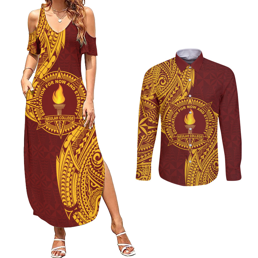 Personalised Tonga Beulah College Couples Matching Summer Maxi Dress and Long Sleeve Button Shirt Since 1938 Special Kupesi Pattern LT9 Gold - Polynesian Pride