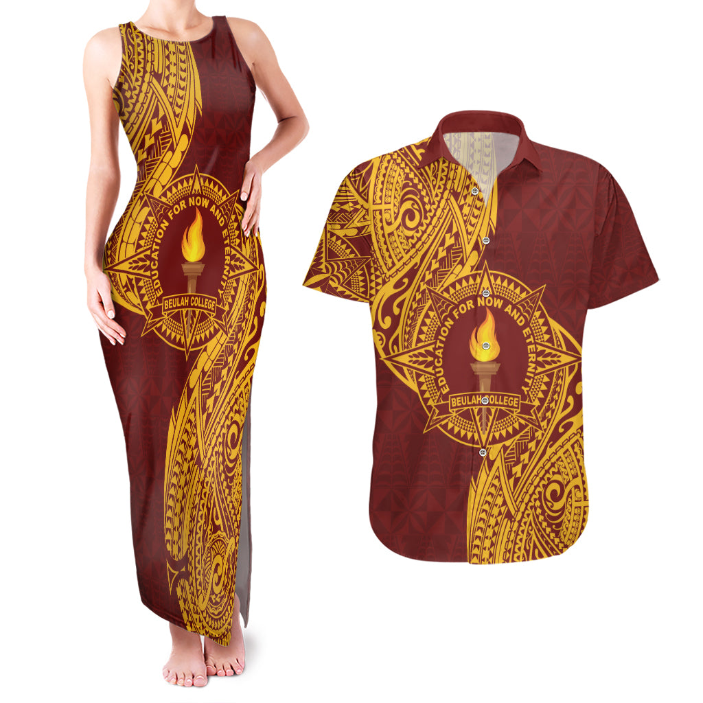 Personalised Tonga Beulah College Couples Matching Tank Maxi Dress and Hawaiian Shirt Since 1938 Special Kupesi Pattern LT9 Gold - Polynesian Pride