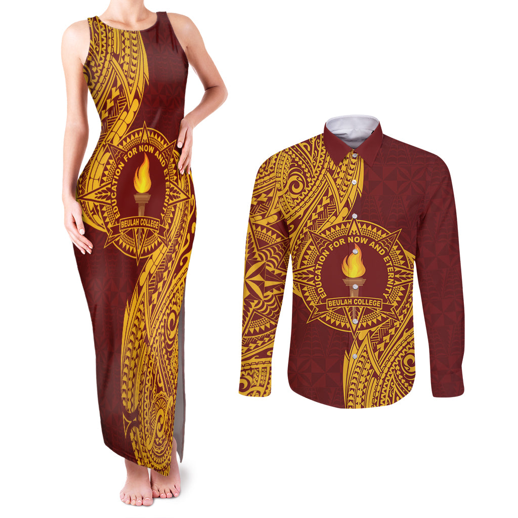 Personalised Tonga Beulah College Couples Matching Tank Maxi Dress and Long Sleeve Button Shirt Since 1938 Special Kupesi Pattern LT9 Gold - Polynesian Pride