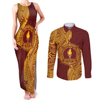 Personalised Tonga Beulah College Couples Matching Tank Maxi Dress and Long Sleeve Button Shirt Since 1938 Special Kupesi Pattern LT9 Gold - Polynesian Pride