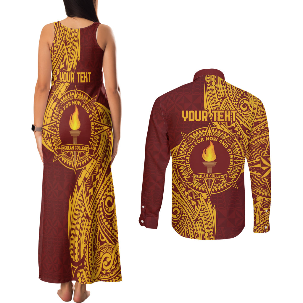 Personalised Tonga Beulah College Couples Matching Tank Maxi Dress and Long Sleeve Button Shirt Since 1938 Special Kupesi Pattern LT9 - Polynesian Pride