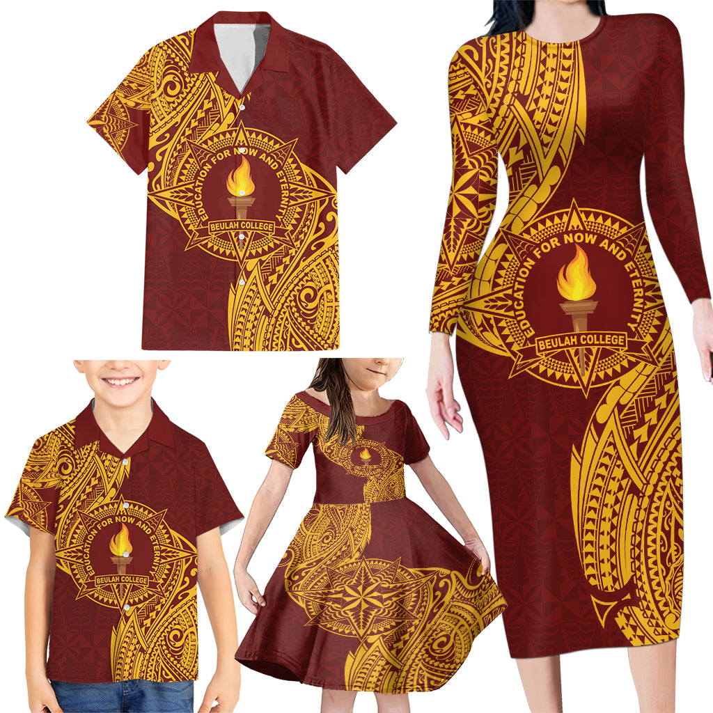 Personalised Tonga Beulah College Family Matching Long Sleeve Bodycon Dress and Hawaiian Shirt Since 1938 Special Kupesi Pattern LT9 - Polynesian Pride