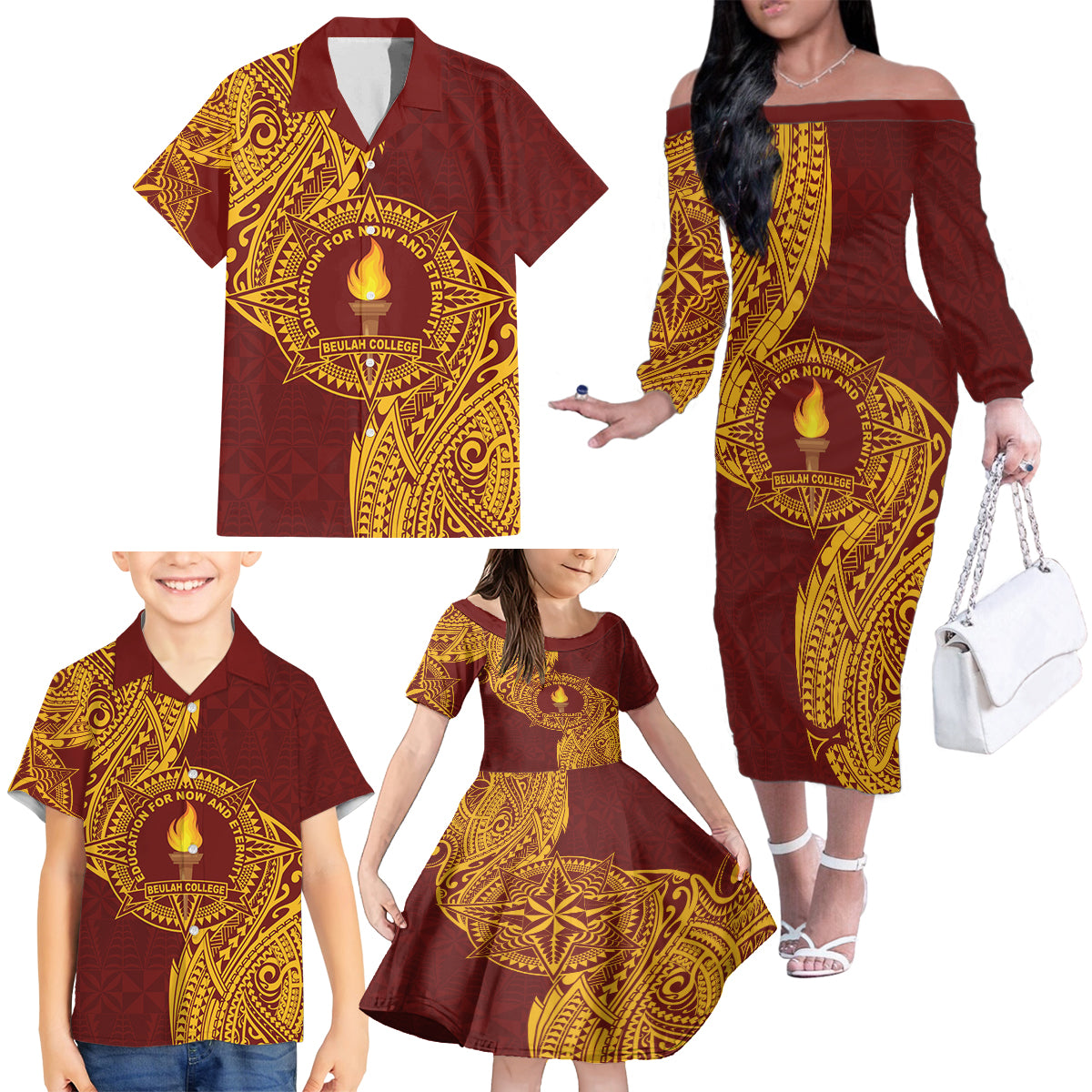 Personalised Tonga Beulah College Family Matching Off The Shoulder Long Sleeve Dress and Hawaiian Shirt Since 1938 Special Kupesi Pattern LT9 - Polynesian Pride