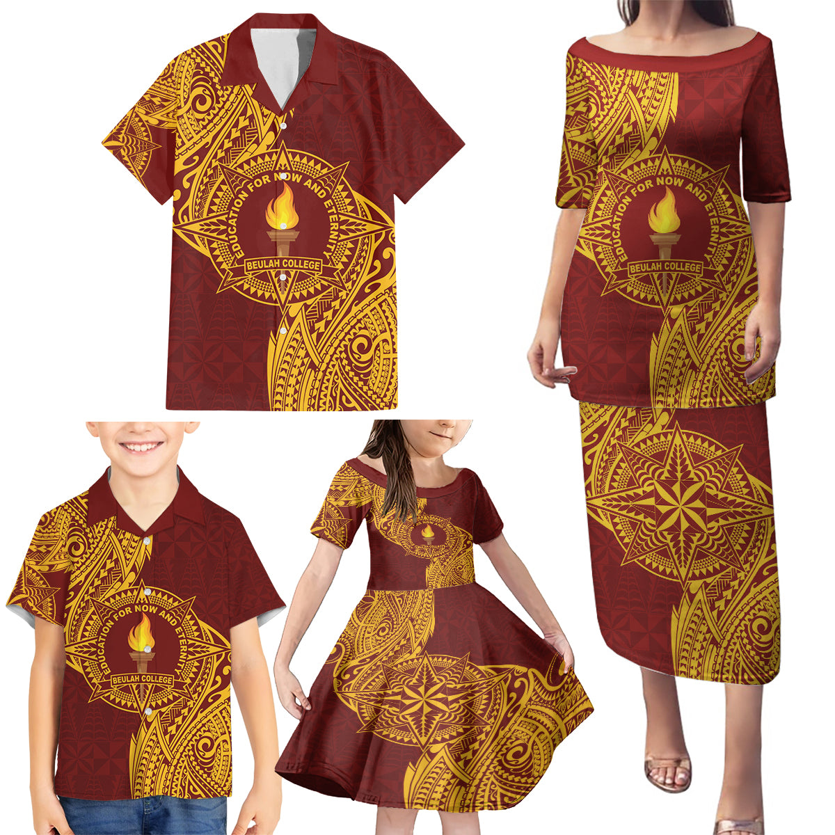 Personalised Tonga Beulah College Family Matching Puletasi and Hawaiian Shirt Since 1938 Special Kupesi Pattern LT9 - Polynesian Pride