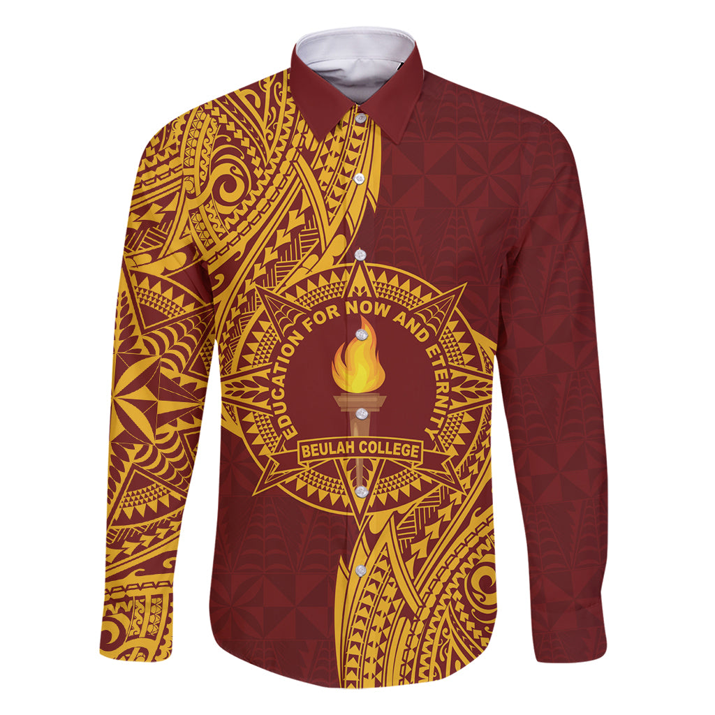 Personalised Tonga Beulah College Family Matching Tank Maxi Dress and Hawaiian Shirt Since 1938 Special Kupesi Pattern LT9 Dad's Shirt - Long Sleeve Gold - Polynesian Pride