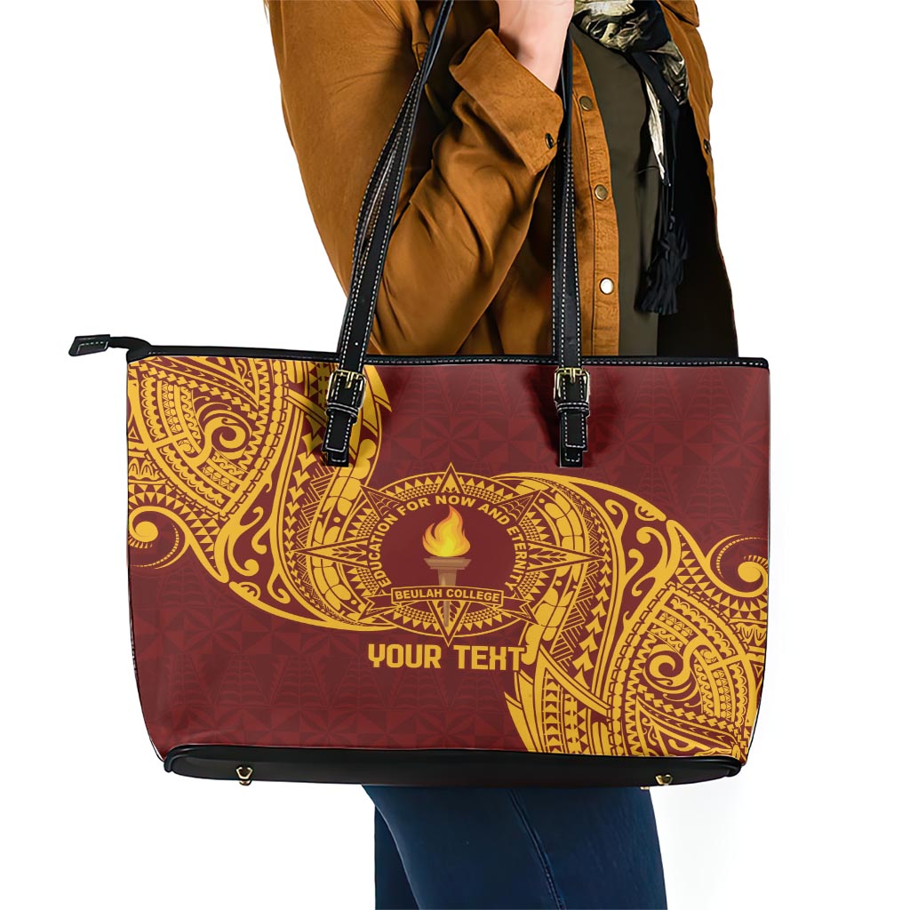 Personalised Tonga Beulah College Leather Tote Bag Since 1938 Special Kupesi Pattern LT9 - Polynesian Pride