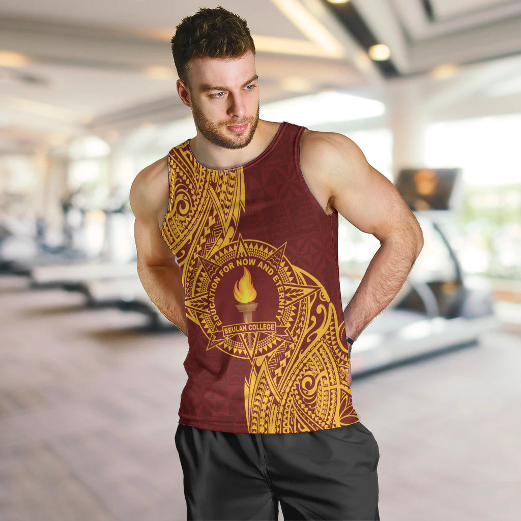 Personalised Tonga Beulah College Men Tank Top Since 1938 Special Kupesi Pattern LT9 Gold - Polynesian Pride