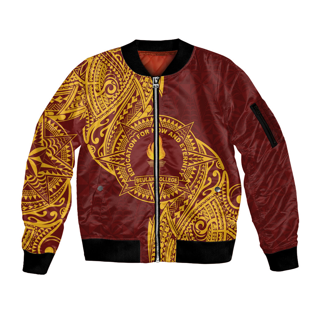 Personalised Tonga Beulah College Sleeve Zip Bomber Jacket Since 1938 Special Kupesi Pattern LT9 Unisex Gold - Polynesian Pride