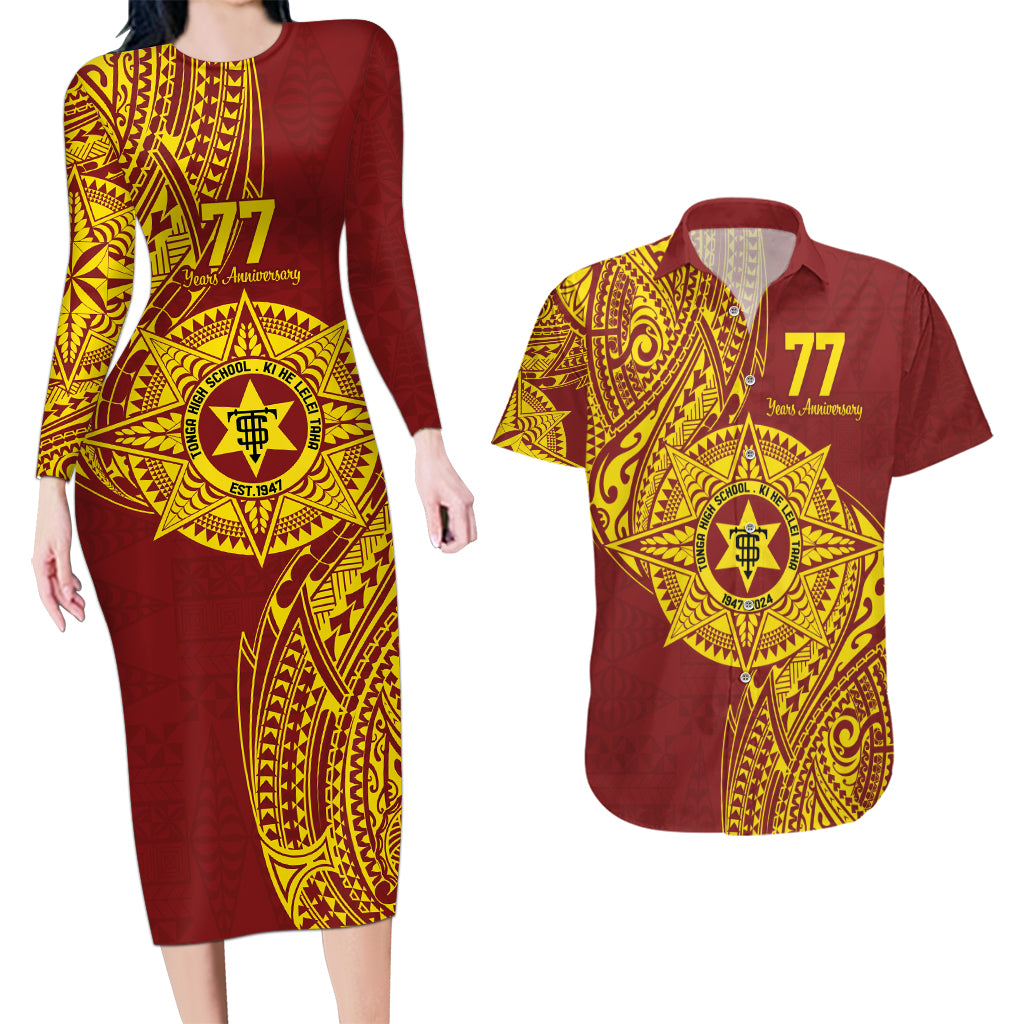 Personalised Tonga High School 77th Anniversary Couples Matching Long Sleeve Bodycon Dress and Hawaiian Shirt Special Kupesi Pattern LT9 Gold - Polynesian Pride