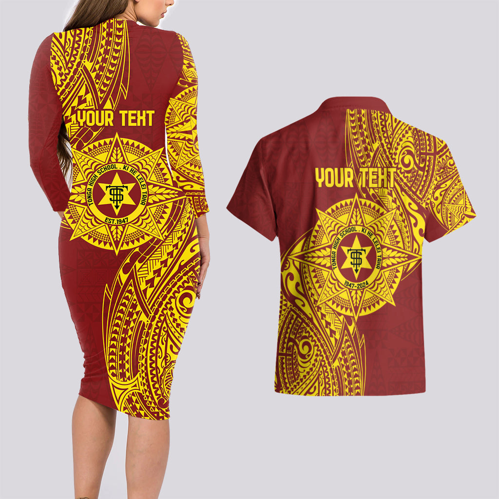 Personalised Tonga High School 77th Anniversary Couples Matching Long Sleeve Bodycon Dress and Hawaiian Shirt Special Kupesi Pattern LT9 - Polynesian Pride