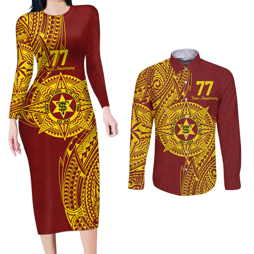 Personalised Tonga High School 77th Anniversary Couples Matching Long Sleeve Bodycon Dress and Long Sleeve Button Shirt Special Kupesi Pattern LT9 Gold - Polynesian Pride