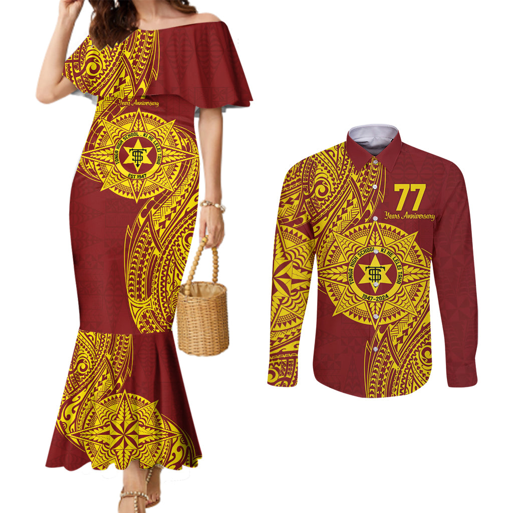 Personalised Tonga High School 77th Anniversary Couples Matching Mermaid Dress and Long Sleeve Button Shirt Special Kupesi Pattern LT9 Gold - Polynesian Pride