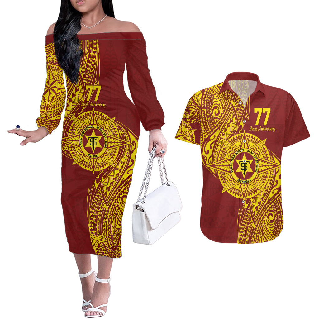 Personalised Tonga High School 77th Anniversary Couples Matching Off The Shoulder Long Sleeve Dress and Hawaiian Shirt Special Kupesi Pattern LT9 Gold - Polynesian Pride