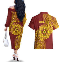 Personalised Tonga High School 77th Anniversary Couples Matching Off The Shoulder Long Sleeve Dress and Hawaiian Shirt Special Kupesi Pattern LT9 - Polynesian Pride