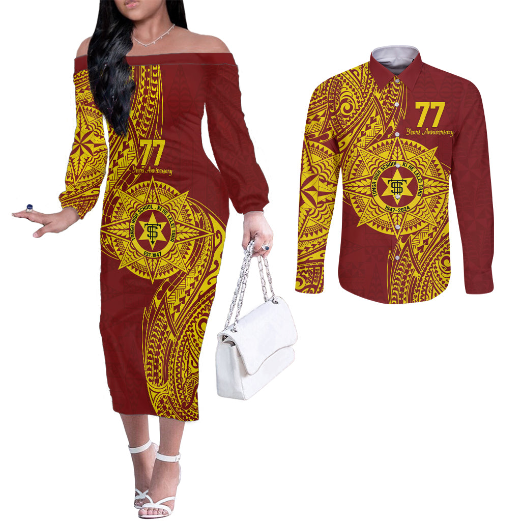 Personalised Tonga High School 77th Anniversary Couples Matching Off The Shoulder Long Sleeve Dress and Long Sleeve Button Shirt Special Kupesi Pattern LT9 Gold - Polynesian Pride