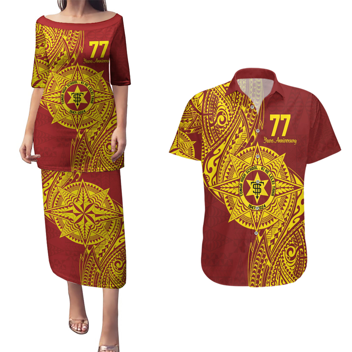 Personalised Tonga High School 77th Anniversary Couples Matching Puletasi and Hawaiian Shirt Special Kupesi Pattern LT9 Gold - Polynesian Pride