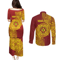 Personalised Tonga High School 77th Anniversary Couples Matching Puletasi and Long Sleeve Button Shirt Special Kupesi Pattern LT9 - Polynesian Pride