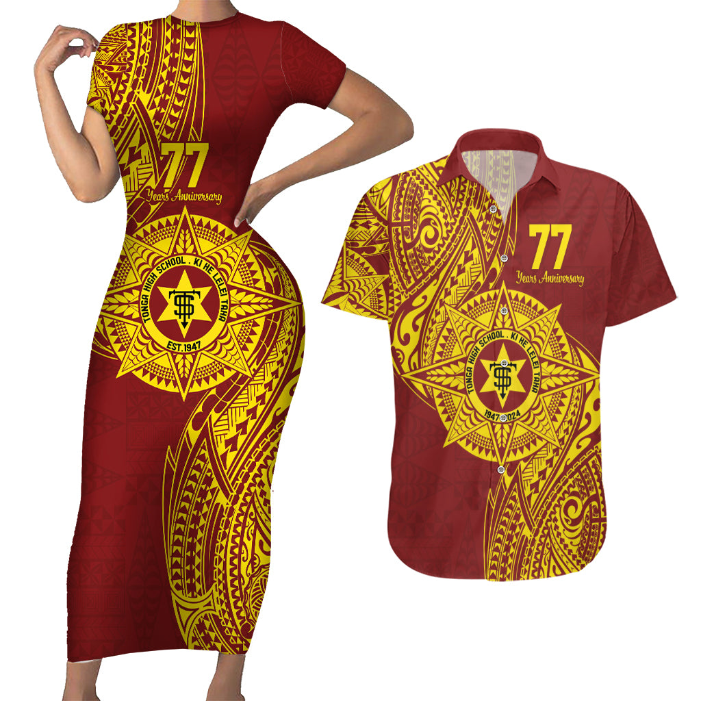 Personalised Tonga High School 77th Anniversary Couples Matching Short Sleeve Bodycon Dress and Hawaiian Shirt Special Kupesi Pattern LT9 Gold - Polynesian Pride